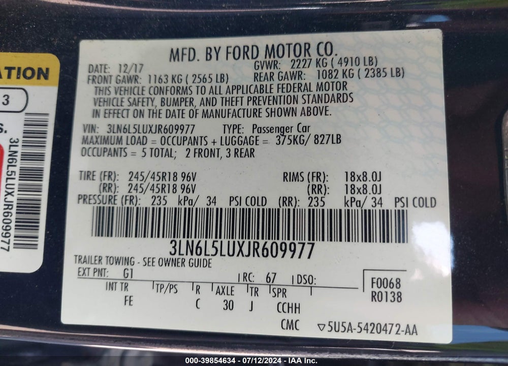 2018 LINCOLN MKZ HYBRID SELECT VIN: 3LN6L5LUXJR609977