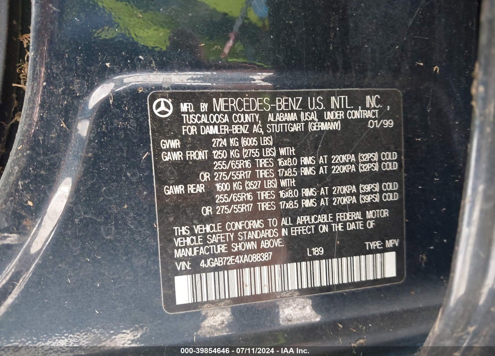 1999 MERCEDES-BENZ ML 430 VIN: 4JGAB72E4XA088387