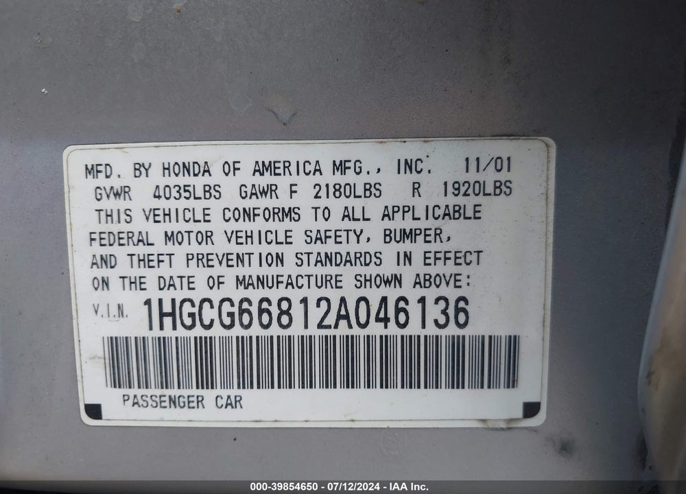 2002 HONDA ACCORD 2.3 EX/2.3 SE VIN: 1HGCG66812A046136