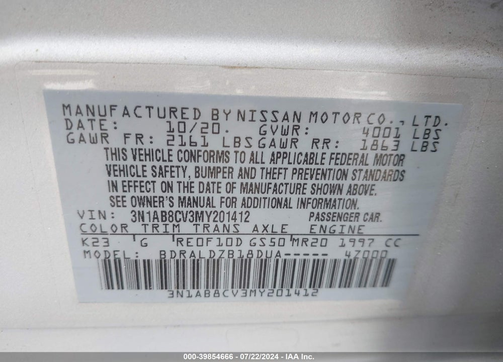 2021 NISSAN SENTRA SV XTRONIC CVT VIN: 3N1AB8CV3MY201412