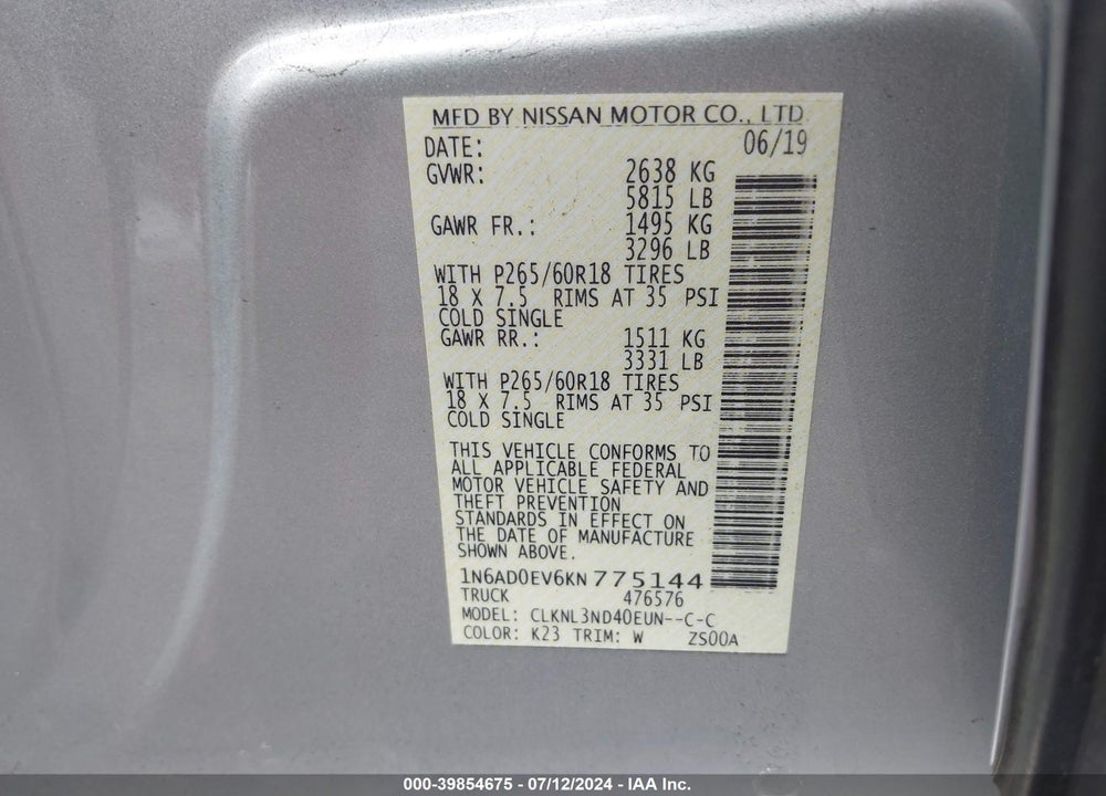 2019 NISSAN FRONTIER VIN: 1N6AD0EV6KN775144