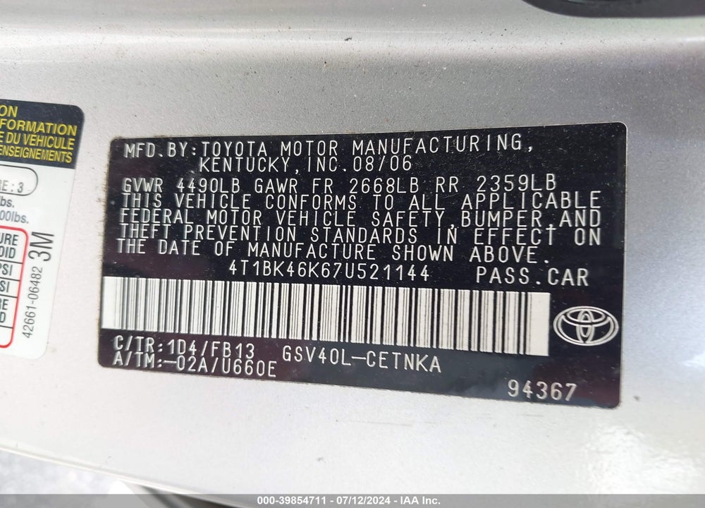 2007 TOYOTA CAMRY LE V6 VIN: 4T1BK46K67U521144