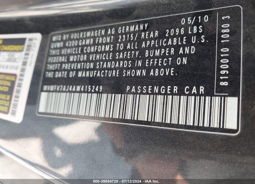 2010 VOLKSWAGEN GTI 2-DOOR VIN: WVWFV7AJ4AW415249