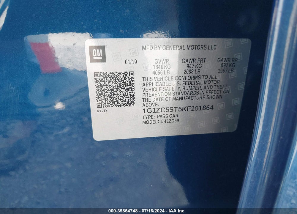 2019 CHEVROLET MALIBU 1FL VIN: 1G1ZC5ST5KF151864