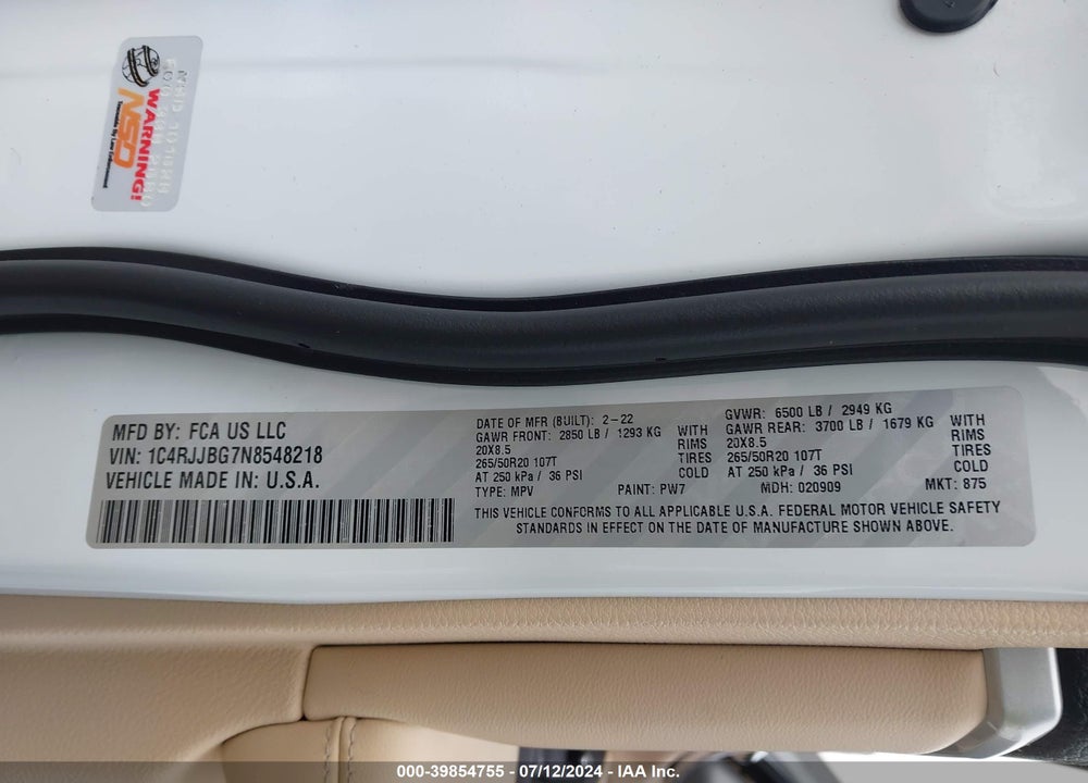 2022 JEEP GRAND CHEROKEE L VIN: 1C4RJJBG7N8548218