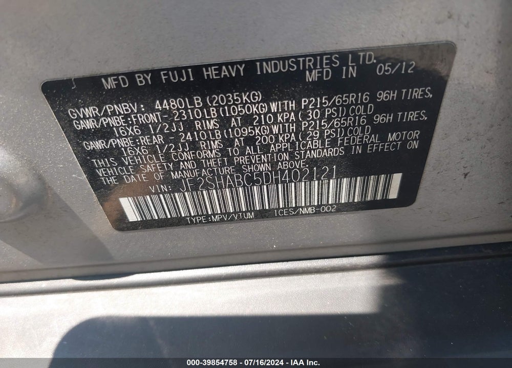 2013 SUBARU FORESTER 2.5X VIN: JF2SHABC5DH402121