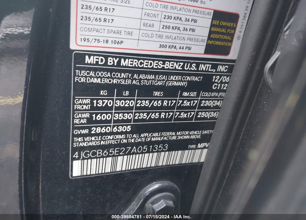 2007 MERCEDES-BENZ R 350 4MATIC VIN: 4JGCB65E27A051353