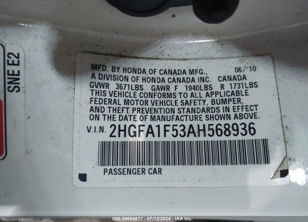 2010 HONDA CIVIC LX VIN: 2HGFA1F53AH568936