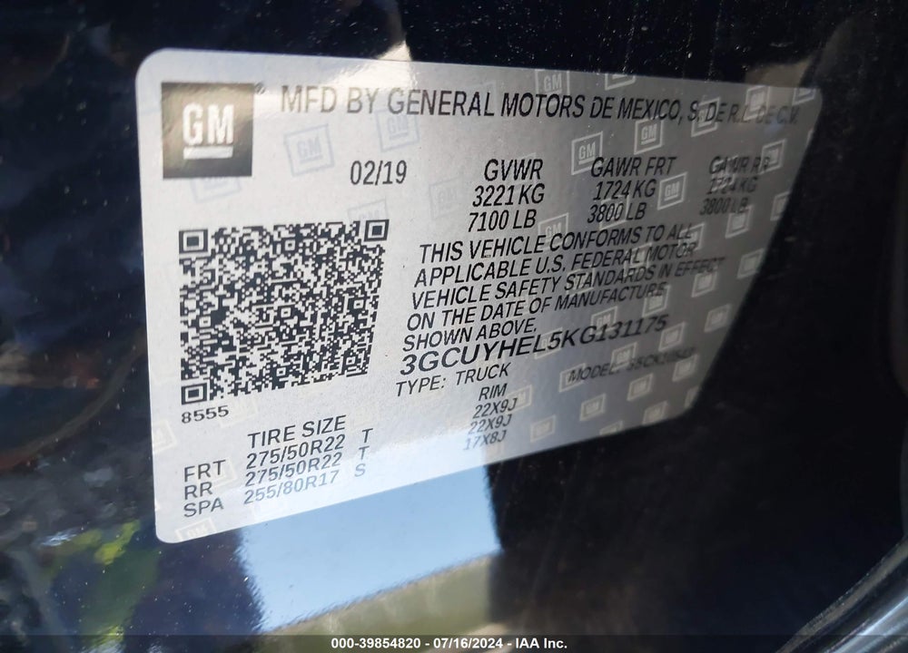 2019 CHEVROLET SILVERADO 1500 HIGH COUNTRY VIN: 3GCUYHEL5KG131175