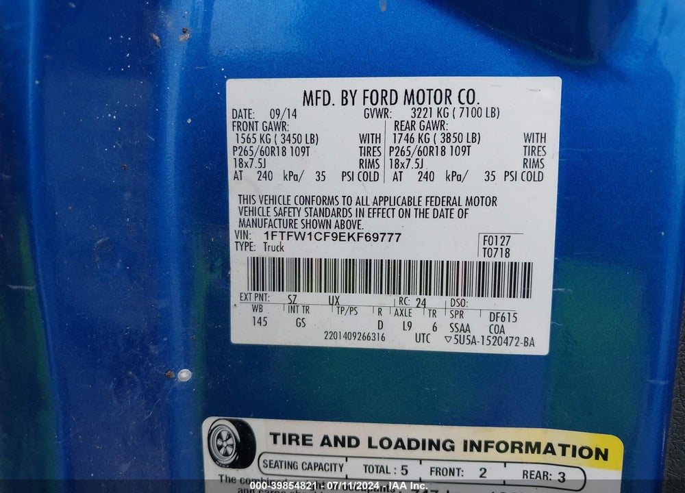 2014 FORD F-150 XLT VIN: 1FTFW1CF9EKF69777