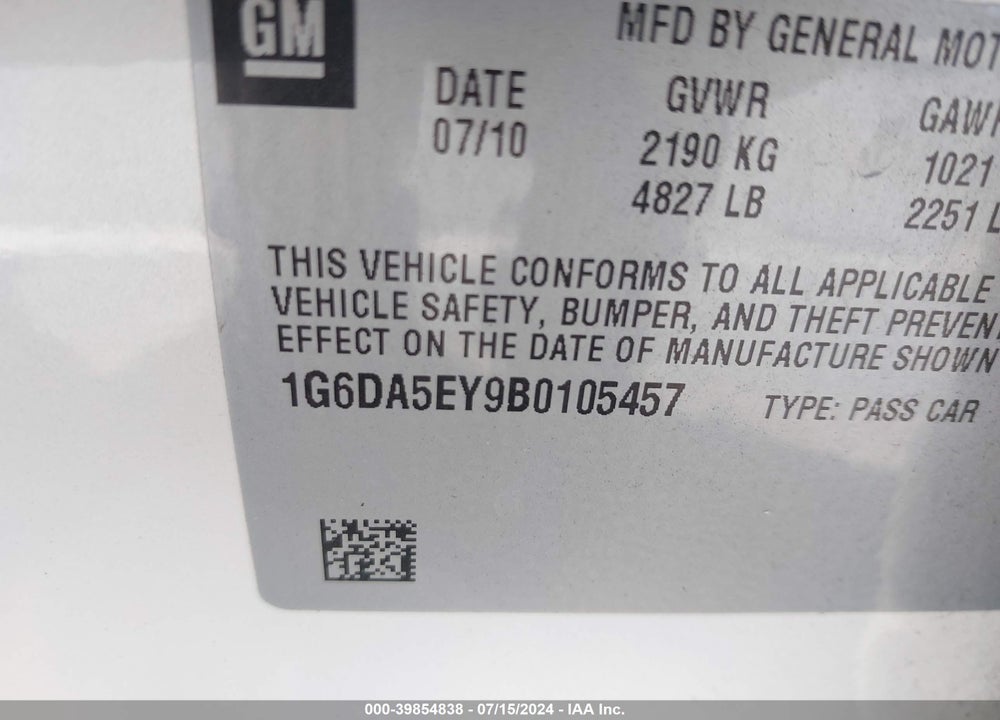 2011 CADILLAC CTS STANDARD VIN: 1G6DA5EY9B0105457