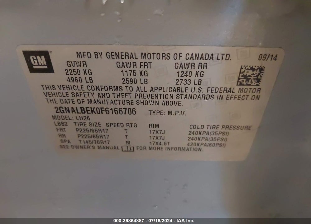 2015 CHEVROLET EQUINOX 1LT VIN: 2GNALBEK0F6166706