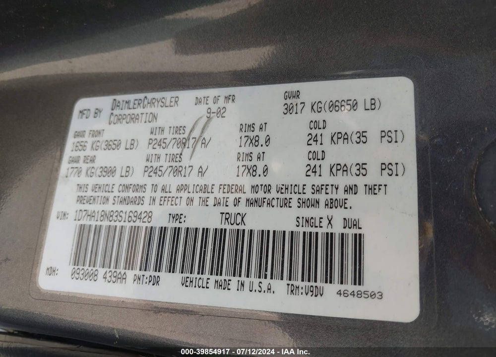 2003 DODGE RAM 1500 SLT/LARAMIE/ST VIN: 1D7HA18N83S169428