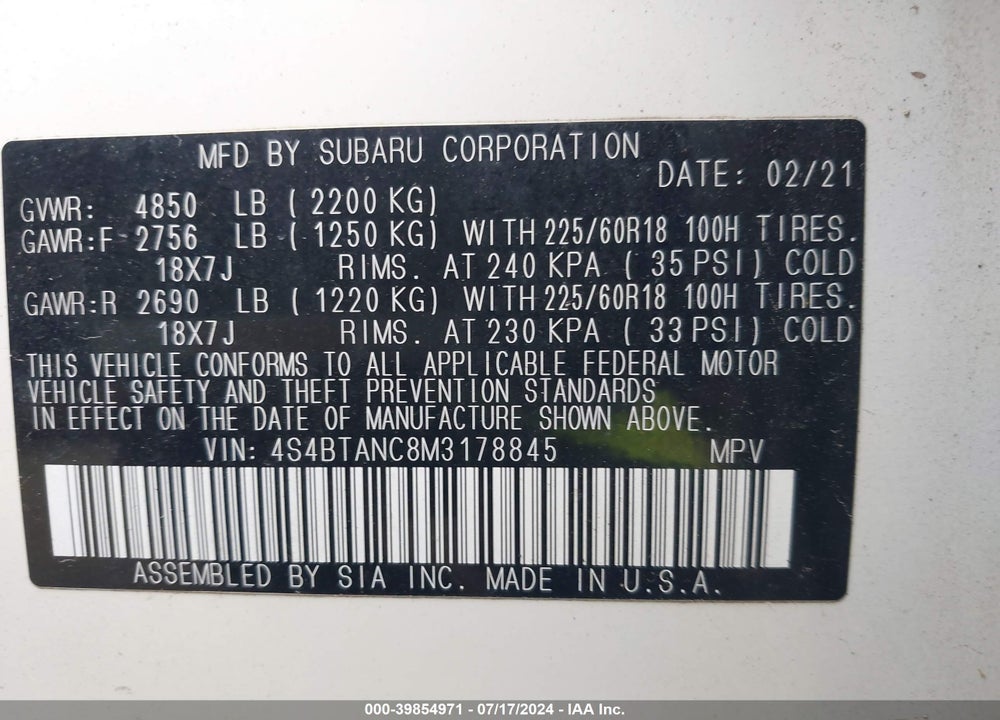 2021 SUBARU OUTBACK LIMITED VIN: 4S4BTANC8M3178845