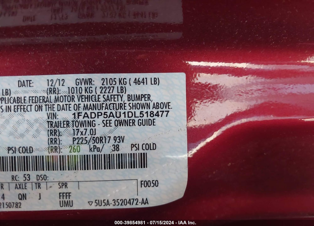 2013 FORD C-MAX HYBRID SE VIN: 1FADP5AU1DL518477