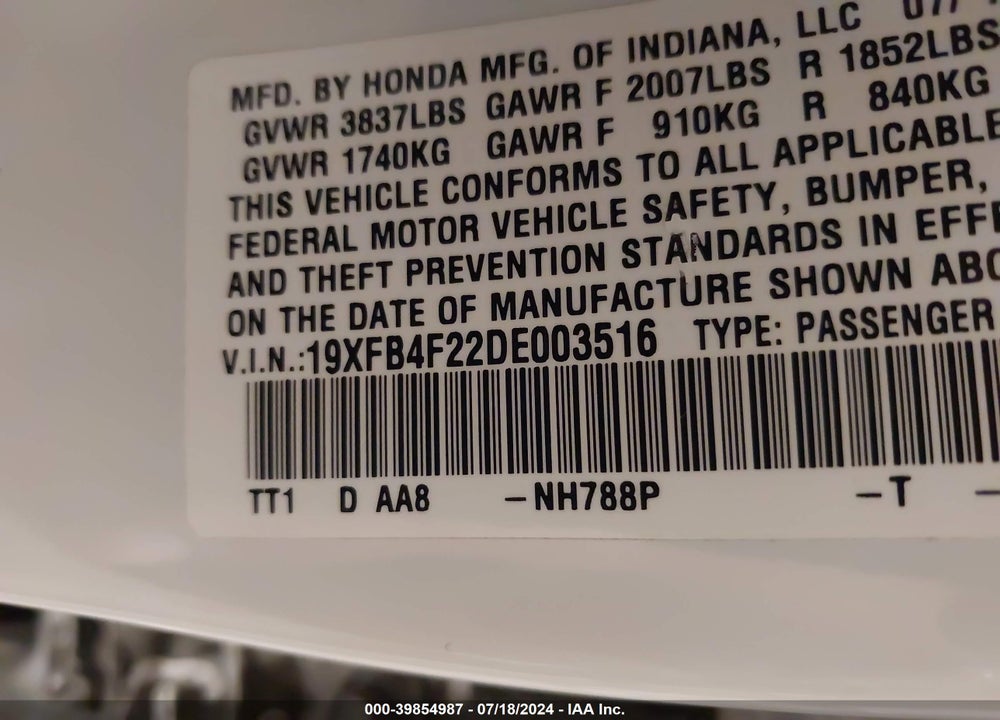 2013 HONDA CIVIC HYBRID VIN: 19XFB4F22DE003516