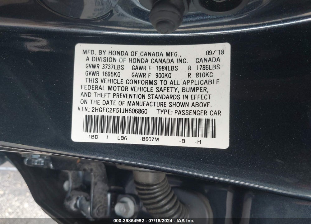 2018 HONDA CIVIC LX VIN: 2HGFC2F51JH606860