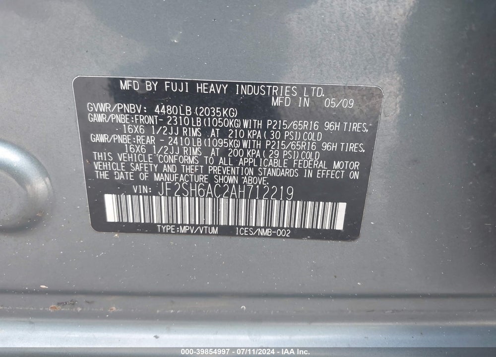 2010 SUBARU FORESTER 2.5X VIN: JF2SH6AC2AH712219