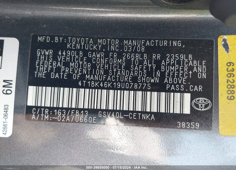 2009 TOYOTA CAMRY LE V6 VIN: 4T1BK46K19U078775