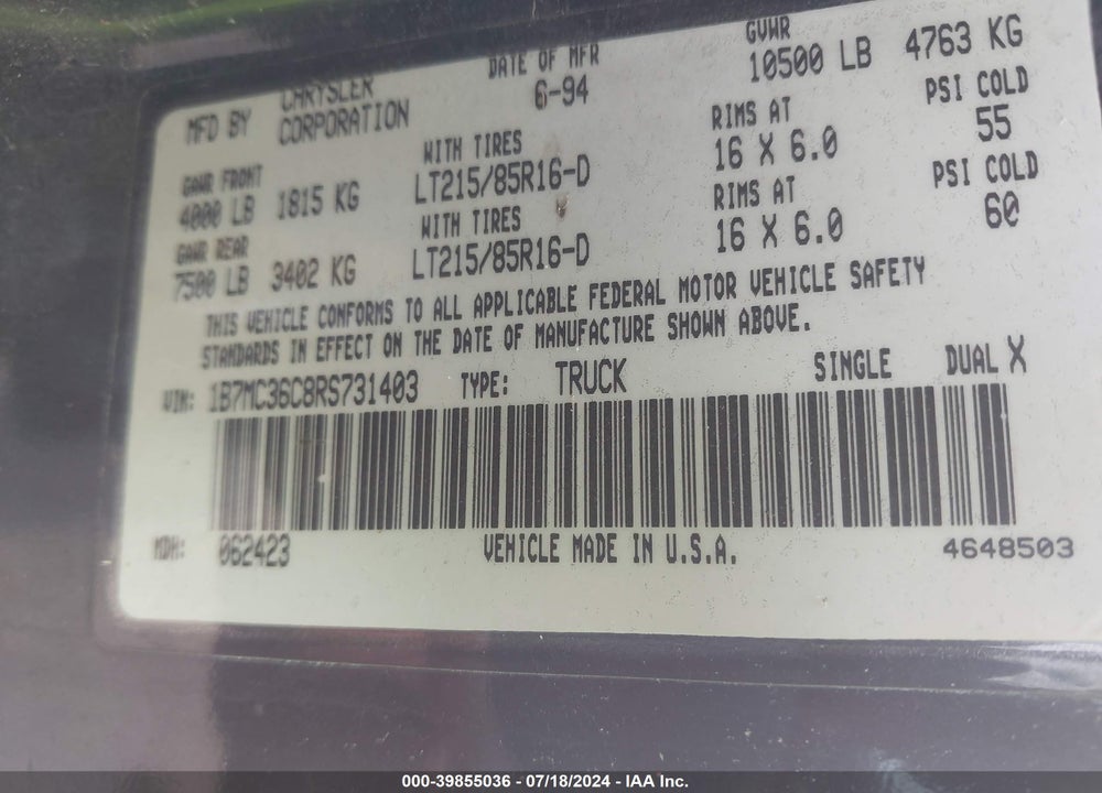 1994 DODGE RAM 3500 VIN: 1B7MC36C8RS731403