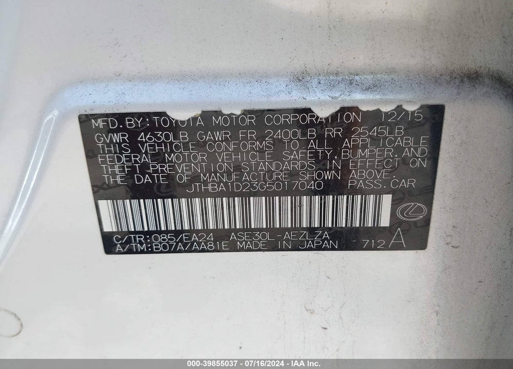 2016 LEXUS IS 200T VIN: JTHBA1D23G5017040