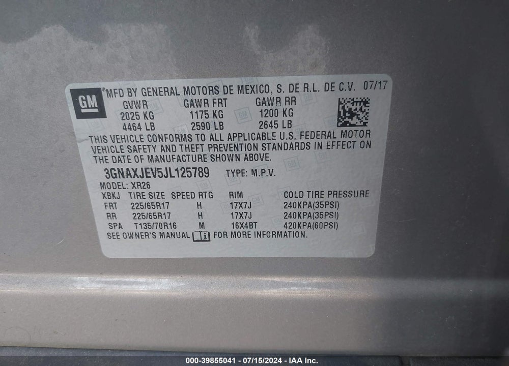 2018 CHEVROLET EQUINOX LT VIN: 3GNAXJEV5JL125789