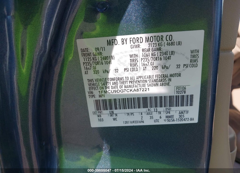 2012 FORD ESCAPE XLT VIN: 1FMCU9DG7CKA87221