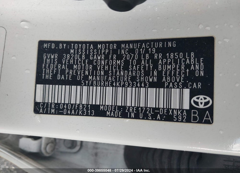 2019 TOYOTA COROLLA LE VIN: 5YFBURHE4KP933443