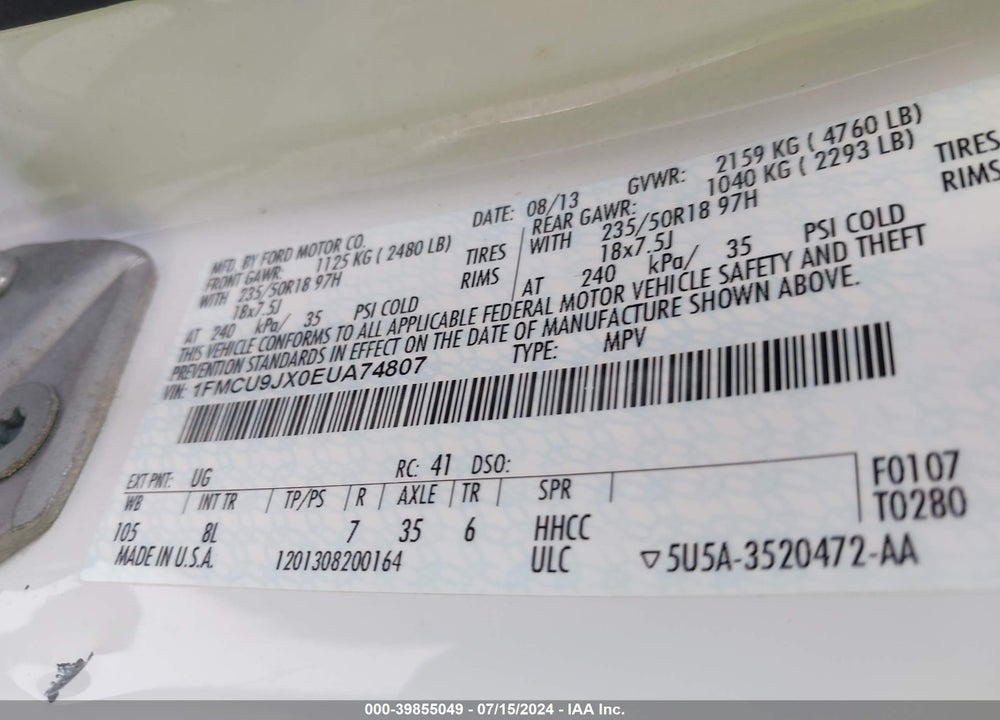 2014 FORD ESCAPE TITANIUM VIN: 1FMCU9JX0EUA74807