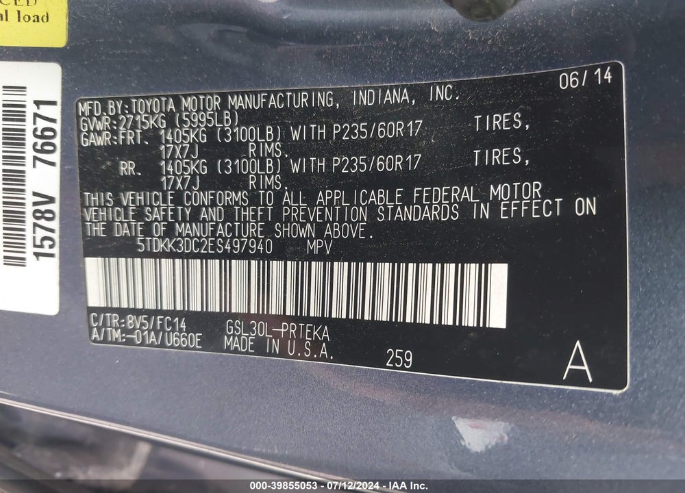 2014 TOYOTA SIENNA LE V6 8 PASSENGER VIN: 5TDKK3DC2ES497940