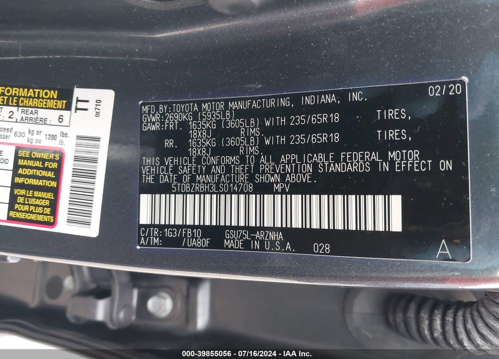2020 TOYOTA HIGHLANDER LE VIN: 5TDBZRBH3LS014708