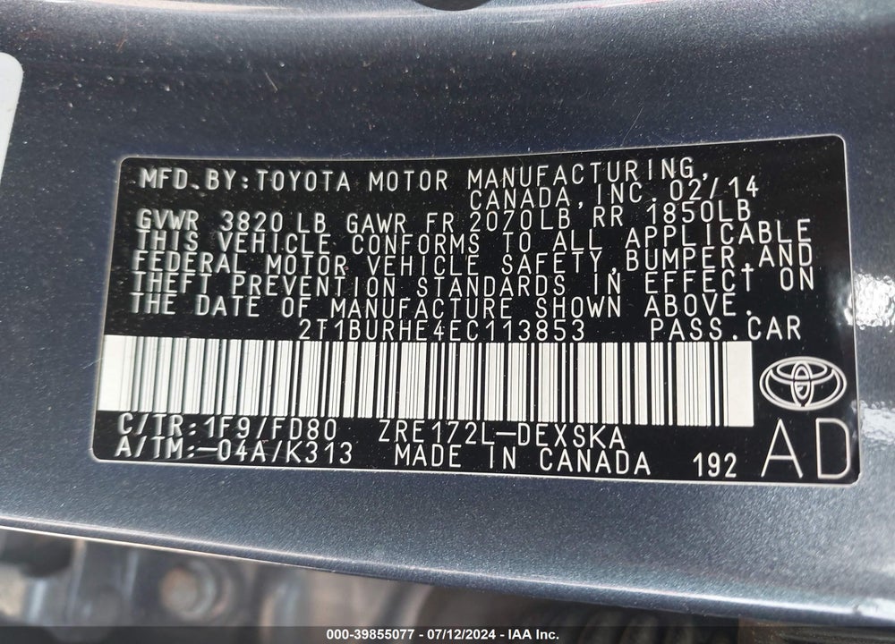 2014 TOYOTA COROLLA S PLUS VIN: 2T1BURHE4EC113853