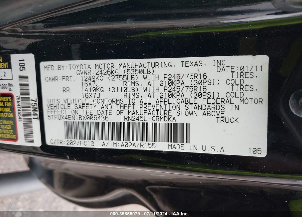 2011 TOYOTA TACOMA VIN: 5TFUX4EN1BX005436