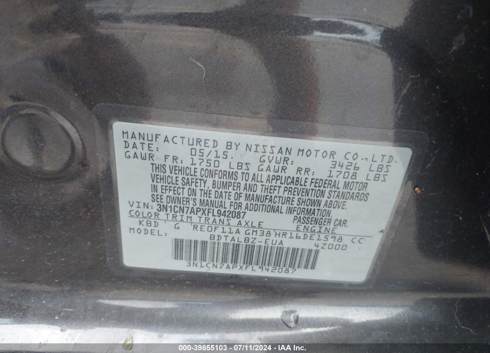 2015 NISSAN VERSA 1.6 SV VIN: 3N1CN7APXFL942087