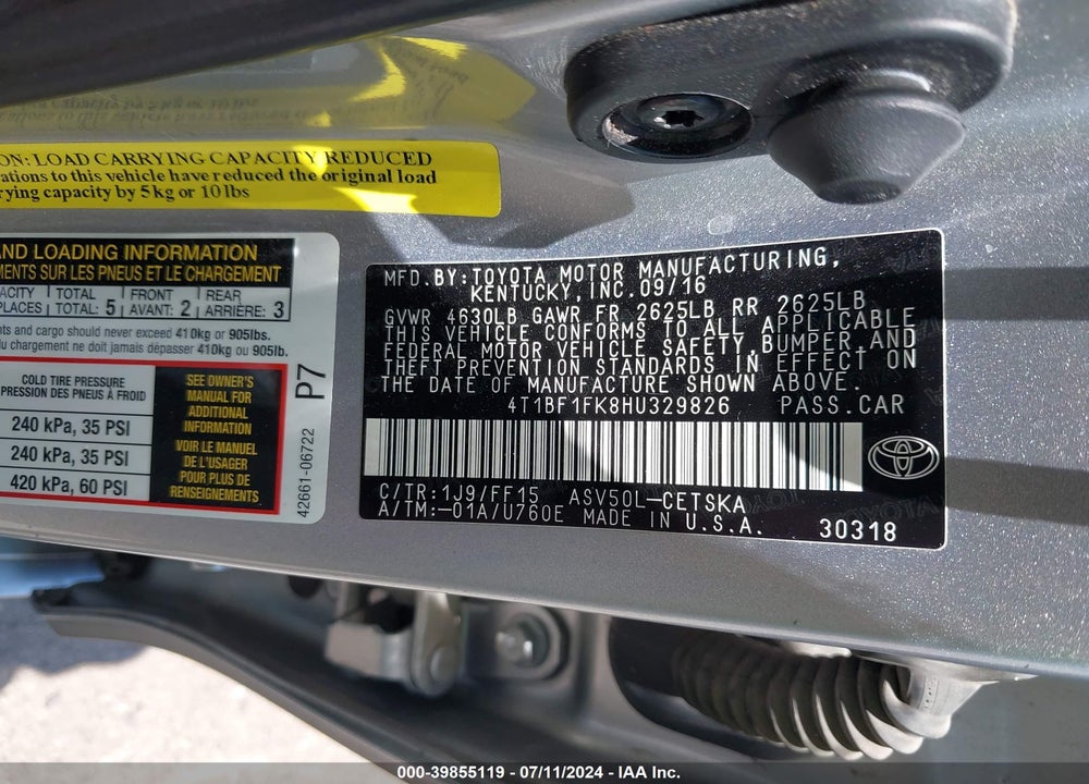 2017 TOYOTA CAMRY SE VIN: 4T1BF1FK8HU329826