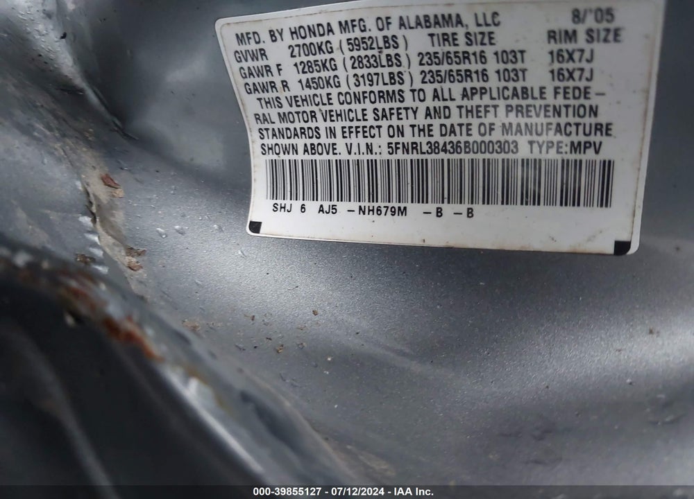 2006 HONDA ODYSSEY EX VIN: 5FNRL38436B000303