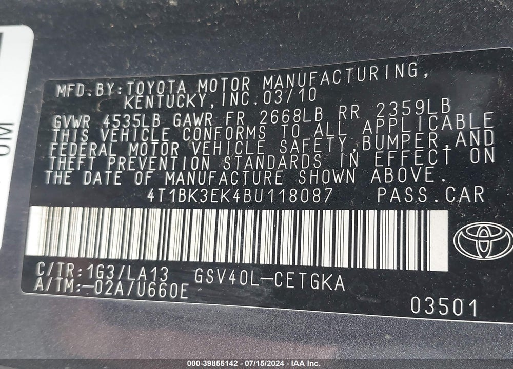 2011 TOYOTA CAMRY XLE V6 VIN: 4T1BK3EK4BU118087