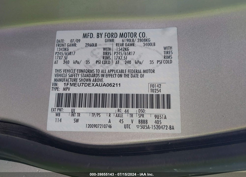 2010 FORD EXPLORER XLT VIN: 1FMEU7DEXAUA06211