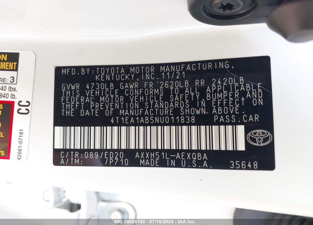 2022 TOYOTA AVALON XSE NIGHTSHADE HYBRID VIN: 4T1EA1AB5NU011838