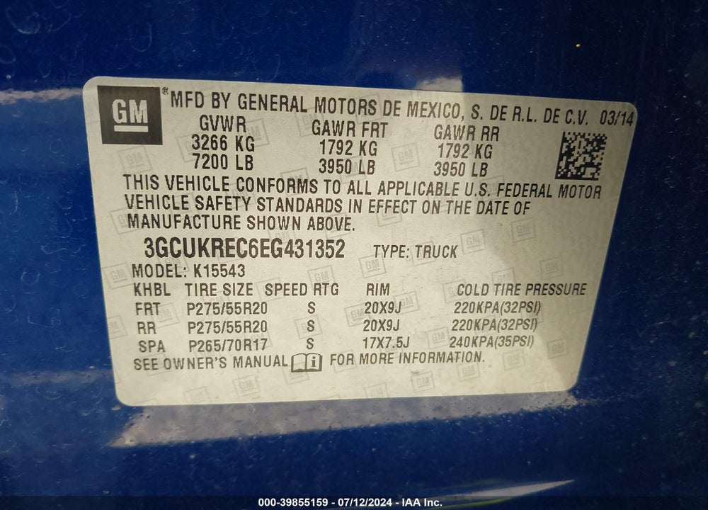 2014 CHEVROLET SILVERADO 1500 1LT VIN: 3GCUKREC6EG431352