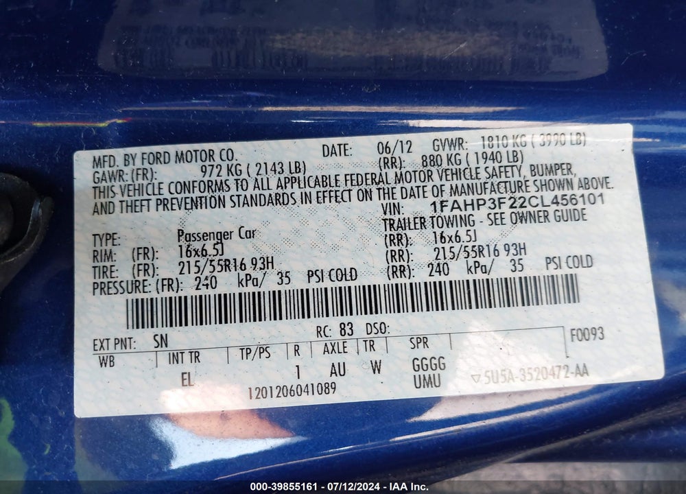 2012 FORD FOCUS SE VIN: 1FAHP3F22CL456101