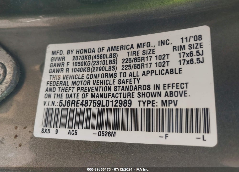 2009 HONDA CR-V EX-L VIN: 5J6RE48759L012989