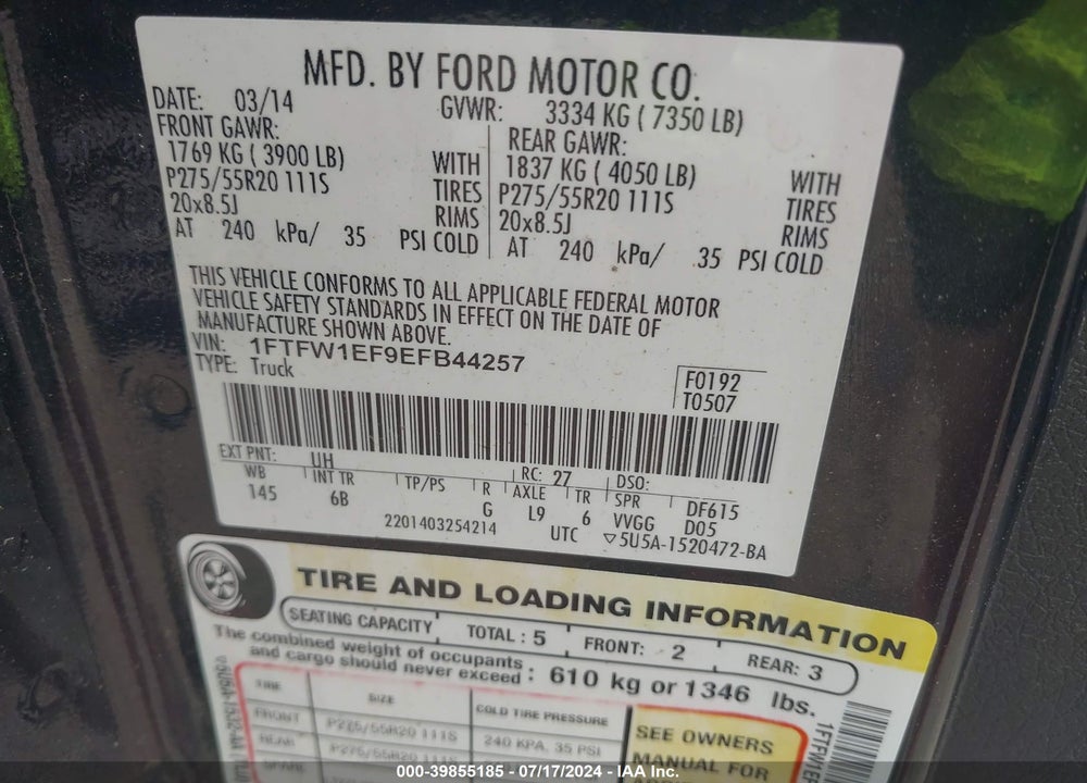 2014 FORD F-150 FX4 VIN: 1FTFW1EF9EFB44257