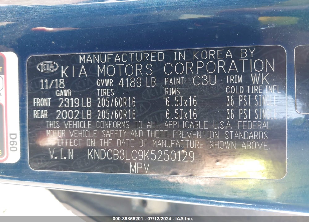 2019 KIA NIRO LX VIN: KNDCB3LC9K5250129