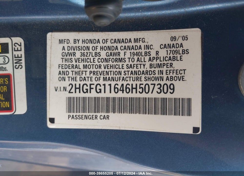 2006 HONDA CIVIC LX VIN: 2HGFG11646H507309