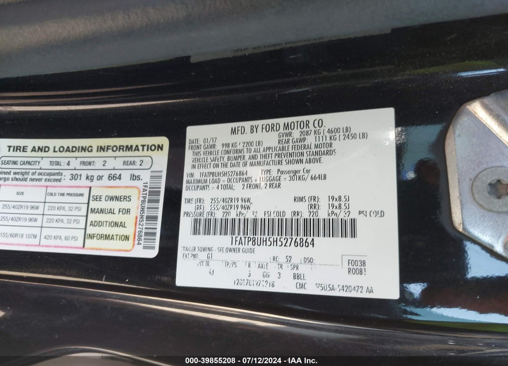 2017 FORD MUSTANG ECOBOOST PREMIUM VIN: 1FATP8UH5H5276864
