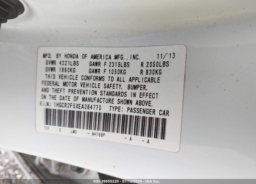 2014 HONDA ACCORD SPORT VIN: 1HGCR2F5XEA084770
