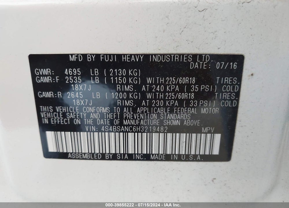 2017 SUBARU OUTBACK 2.5I LIMITED VIN: 4S4BSANC6H3219482