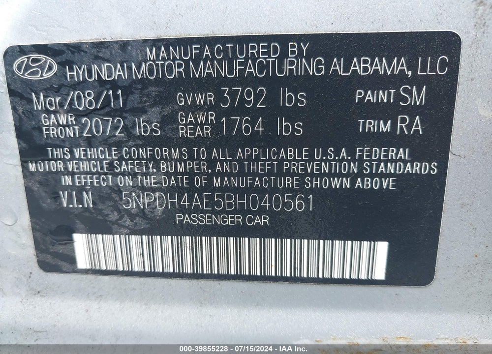 2011 HYUNDAI ELANTRA GLS VIN: 5NPDH4AE5BH040561