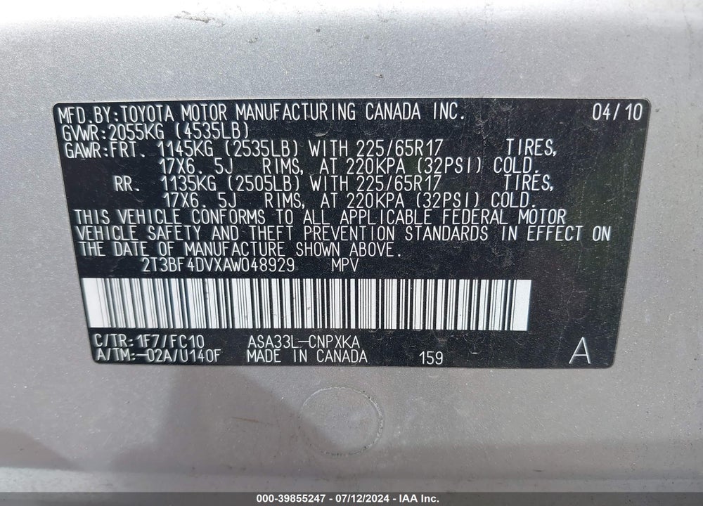 2010 TOYOTA RAV4 VIN: 2T3BF4DVXAW048929